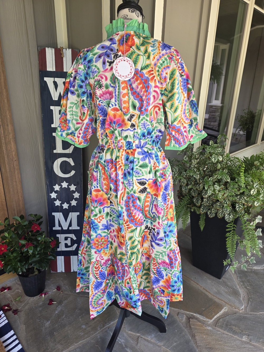 Umgee Multicolor Floral Midi Dress with Green Trim-NWT - Picture 4 of 9